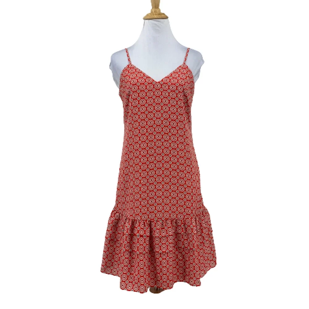 J Crew Ruffle Hem Dress Womens 0 Red Printed Spaghetti Drop Waist Knee Length